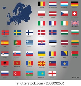 Set of flags of Europe with map of Europe, easy to edit, vector eps 10 