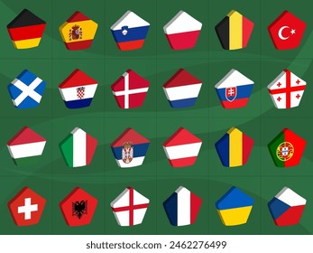 Set of flags of European football tournament participants. Collection of European  flags in the form of three-dimensional pentagonal prisms on green background. 3d icons for your web site design,