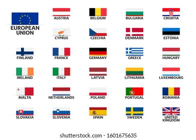 Set the flags of European Union countries, member states of EU, vector illustration isolated on white background