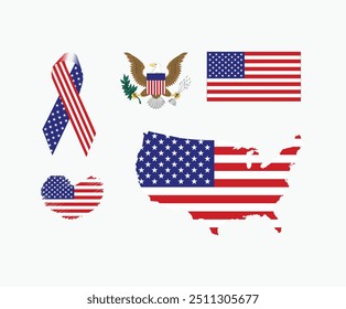 Set of flags, Flag ribbon, heart with the USA flag. USA map with flag. Vector illustration isolated on white background. 