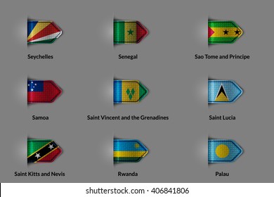 Set of flags in the form of glossy  label or bookmark. Seychelles Senegal Sao Tome and Principe Samoa Saint Vincent and Grenadines Palau Saint Lucia Saint Kitts and Nevis Rwanda. Vector illustration.