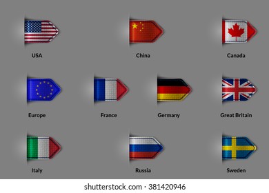 Set of flags in the form of a glossy textured label or bookmark. The unification of Europe and the US China Russia Canada France Germany United Kingdom Italy Sweden.  Vector illustration.