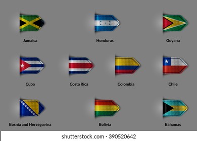 Set of flags in the form of a glossy textured label or bookmark. Jamaica Honduras Canada Cuba Costa Rica Colombia Chile Bosnia and Herzegovina Bolivia Bahamas. Vector illustration.