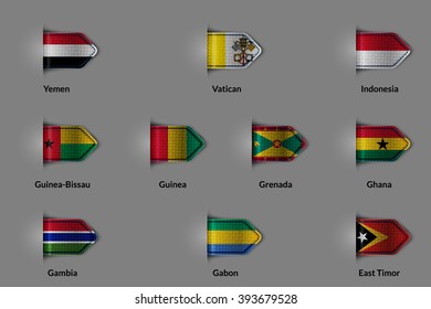 Set of flags in the form of a glossy textured label or bookmark. Yemen Vatican Indonesia Guinea Bissau Guinea Grenada Ghana Gambia Gabon East Timor. Vector illustration.