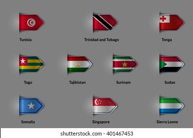 Set of flags in the form of a glossy textured label or bookmark. Tunisia Trinidad and Tobago Tonga Togo Tajikistan Suriname Sudan Somalia Singapore Sierra Leone. Vector illustration.