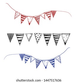 Set of flags and garland in nautical style. Decoration for a holiday, children's birthday. Isolated background