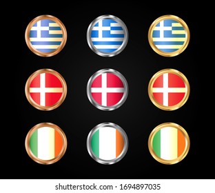 Set flags of Greece, Denmark, Ireland in round shape frame with gold, silver and bronze gradient.