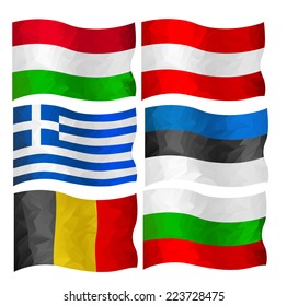 Set of flags of Greese, Hungary, Australia, Estonia, Belgium, and Bulgaria in polygonal design