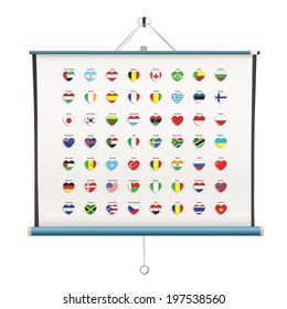 Set of flags heart inside projector screen over white background
