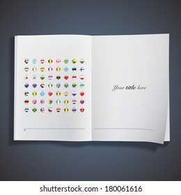 Set of flags heart printed on book. Vector design 