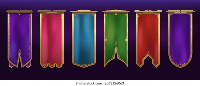 Set of flags with heraldry elements in medieval or fantasy style. Vector flag template with decorative pattern and ornament. Bright canvas with golden frame. Vertical folded fabric isolated flag.