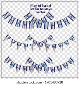 Set with flags of Israel with folds. Day of Israel collection. Bright illustration with flags. Vector with transparent background.