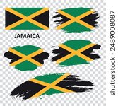 A set of flags of Jamaica. Jamaican flags are hand painted with a brush. Flags in grunge style. 