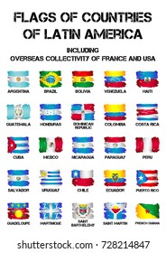 Set of flags of Latin America countries and dependent territories from brush strokes in grunge style isolated on white background. Vector illustration