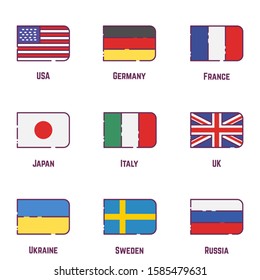 Set of flags in line style. Cute colors and simple line flags. USA, Germany, France, Japan, Italy, United Kingdom, Ukraine, Sweden and Russia flags. 