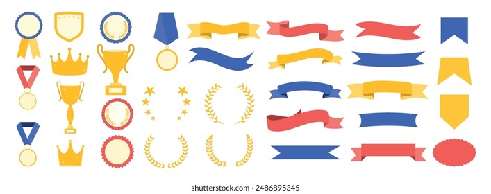 Set of flags, medals, cups, crowns. Reward for victory. Vector illustration. Frame and textbox. Competing and tournament. Ranking template. Certificate. Elements for design. Winner. Olive branch
