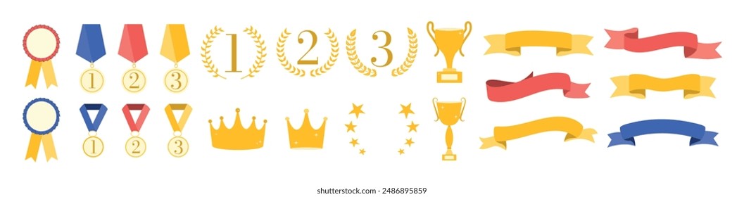 Set of flags, medals, cups, crowns. Reward for victory. Vector. Wreath. Frame and textbox. Competing and tournament. Ranking template. Certificate. Elements for design. Winner. Premium quality sticker