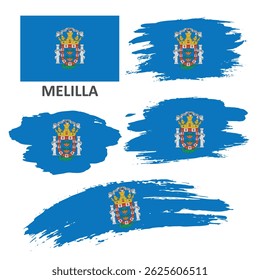 Conjunto de bandeiras de Melilla. As bandeiras são pintadas à mão com um pincel. Bandeira em estilo grunge.
