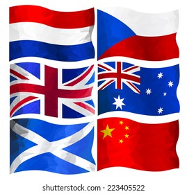 Set of  flags of Netherlands, Australia, China, United Kingdom, Scotland and Czech Republic in polygonal design
