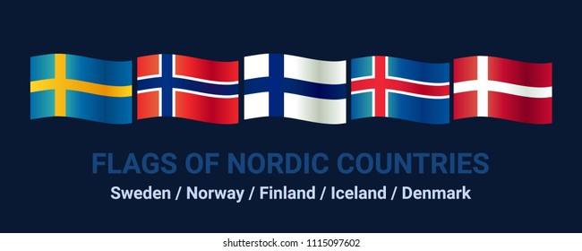Set of flags of northern countries. Sweden, Norway, Finland, Iceland, Denmark. Vector symbols. icons. Isolated on blue background.
