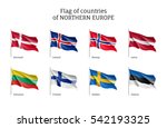 Set of flags of Northern Europe countries. States ensigns on flagpole: Estonia and Norway, Latvia and Lithuania, Iceland and Finland, Sweden and Denmark. Vector icons isolated on white background.