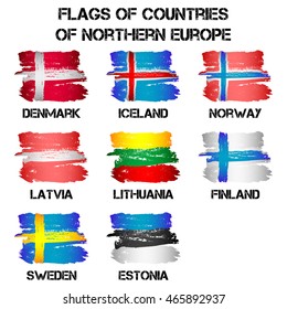 Set of flags of Northern Europe countries from brush strokes in grunge style isolated on white background. Ensigns of 8 Northern Europe member states. Vector illustration