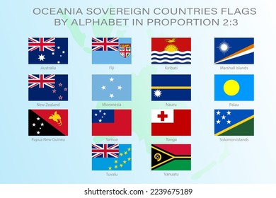 Set of flags of Oceania countries in proportion 2:3 with names