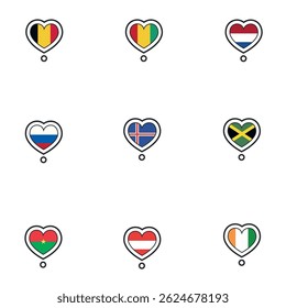 Set of flags on heart shape. Vector illustration
