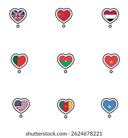 Conjunto de banderas en forma de corazón. Ilustración vectorial