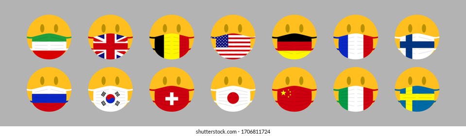 Set of flags on the masks, masked smiley. Together stop pandemic. Coronavirus Covid 19, cartoon International. Save health concept, stop pandemic. Vector illustration