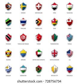 Set of flags on metal shiny shield vector illustration