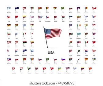 Set flags pole and shadow isolated white