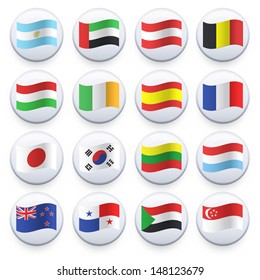 Set of flags printed on white button. Vector design.