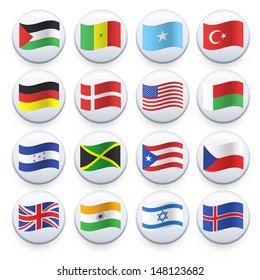 Set of flags printed on white button. Vector design.
