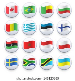 Set of flags printed on white button. Vector design.