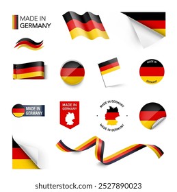 Satz von Flaggen, Bändern, Schildern mit der Deutschland-Flagge. Vektorgrafik einzeln auf weißem Hintergrund. Bereit zur Verwendung für Ihr Design, Präsentation, Promo, Anzeige. EPS10.	