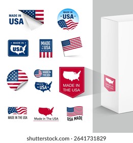 Set of flags, ribbons, signs made in USA for products. Vector illustration isolated on white background. Ready to use for your design, presentation, promo, ad. EPS10.
