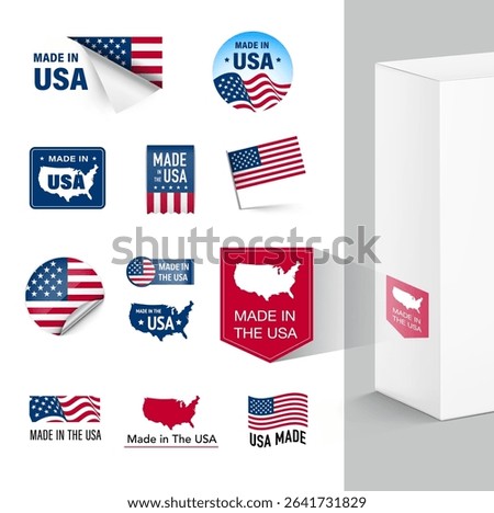 Set of flags, ribbons, signs made in USA for products. Vector illustration isolated on white background. Ready to use for your design, presentation, promo, ad. EPS10.