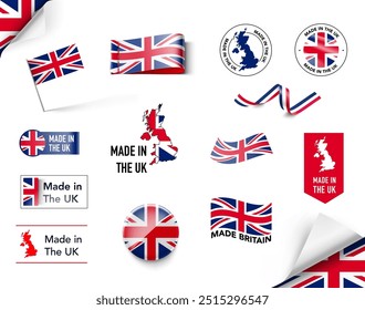 Set of flags, ribbons, signs with the UK flag. Vector illustration isolated on white background. Ready to use for your design, presentation, promo, ad. EPS10.