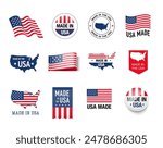 Set of flags, ribbons, signs with the USA flag. Vector illustration isolated on white background. Ready to use for your design, presentation, promo, ad. EPS10.