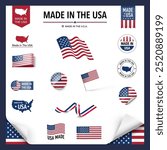 Set of flags, ribbons, signs with the USA flag. Vector illustration isolated on white background. Ready to use for your design, presentation, promo, ad. EPS10.	