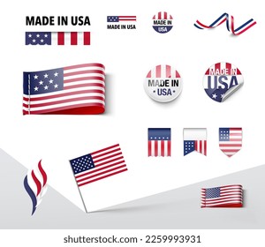 Set of flags, ribbons, signs with the USA flag. Vector illustration isolated on white background. Ready to use for your design, presentation, promo, ad. EPS10.