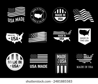 Set of flags, ribbons, signs with the USA flag in one colour.The outline icons are well scalable and editable. Contrasting vector elements are good for different backgrounds. EPS10.