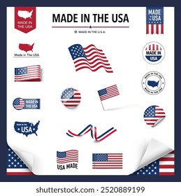 Set of flags, ribbons, signs with the USA flag. Vector illustration isolated on white background. Ready to use for your design, presentation, promo, ad. EPS10.	