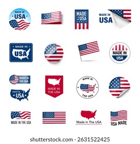 Set of flags, ribbons, signs with the USA flag. Vector illustration isolated on white background. Ready to use for your design, presentation, promo, ad. EPS10.