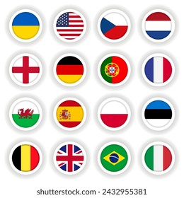 Set of flags round 3D buttons of different countries.