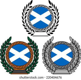 set of flags of scotland with laurel wreath. vector illustration