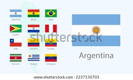 Set of flags of South American countries in proportion 2:3 with names