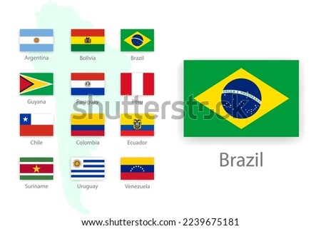 Set of flags of South American countries in proportion 2:3 with names and shadow