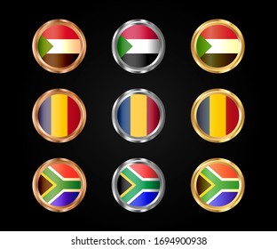 Fijar banderas de Sudán, Chad, Sudáfrica en marco redondo con gradiente de oro, plata y bronce.